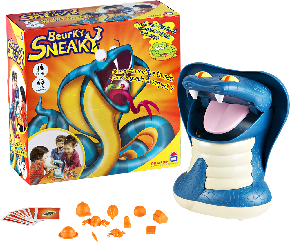 Contenu du jeu de société Beurky Sneaky, le jeu avec un serpent tout gluant !